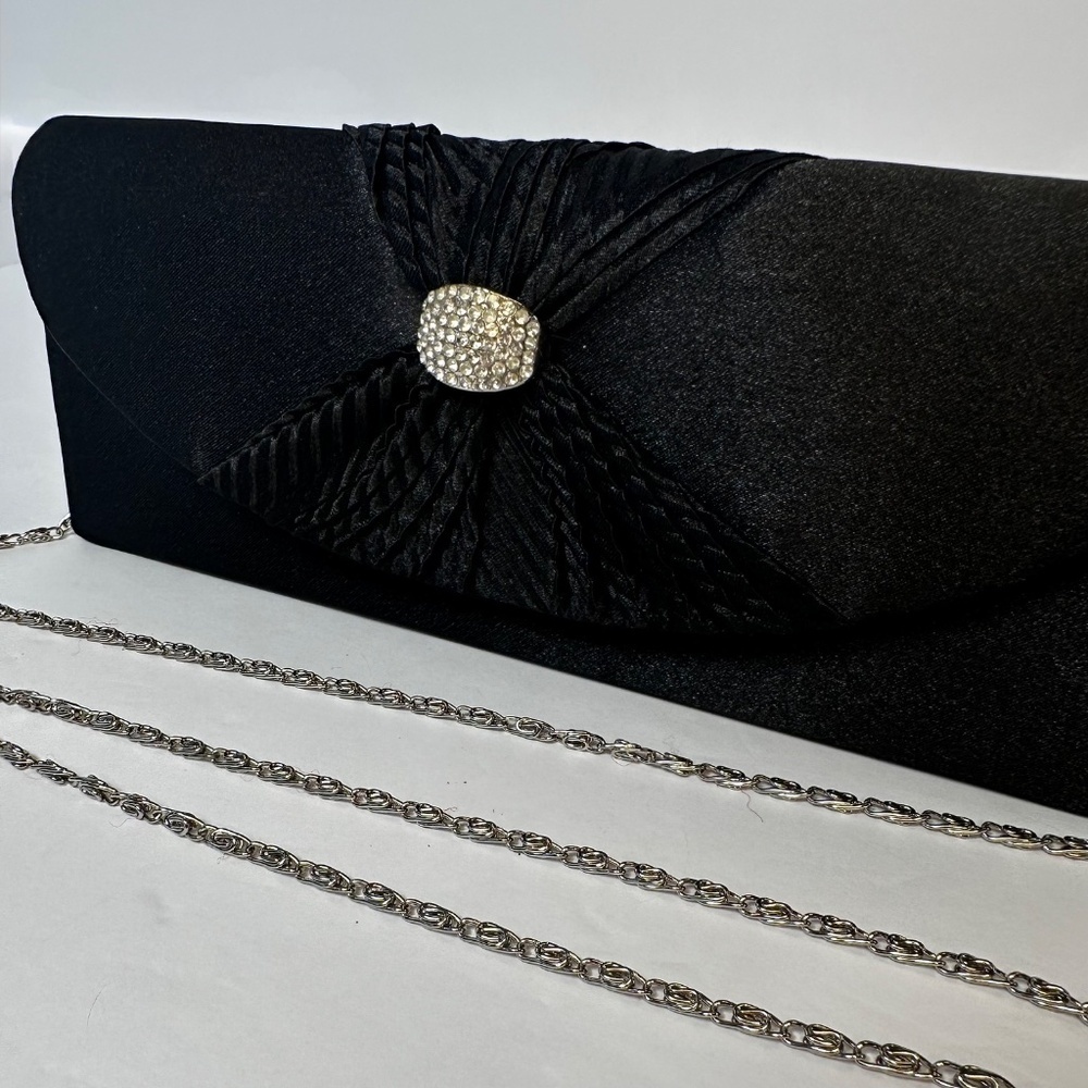 Vintage Black Satin Evening Clutch with Rhinestone Clasp & Chain Strap - Picture 3 of 8